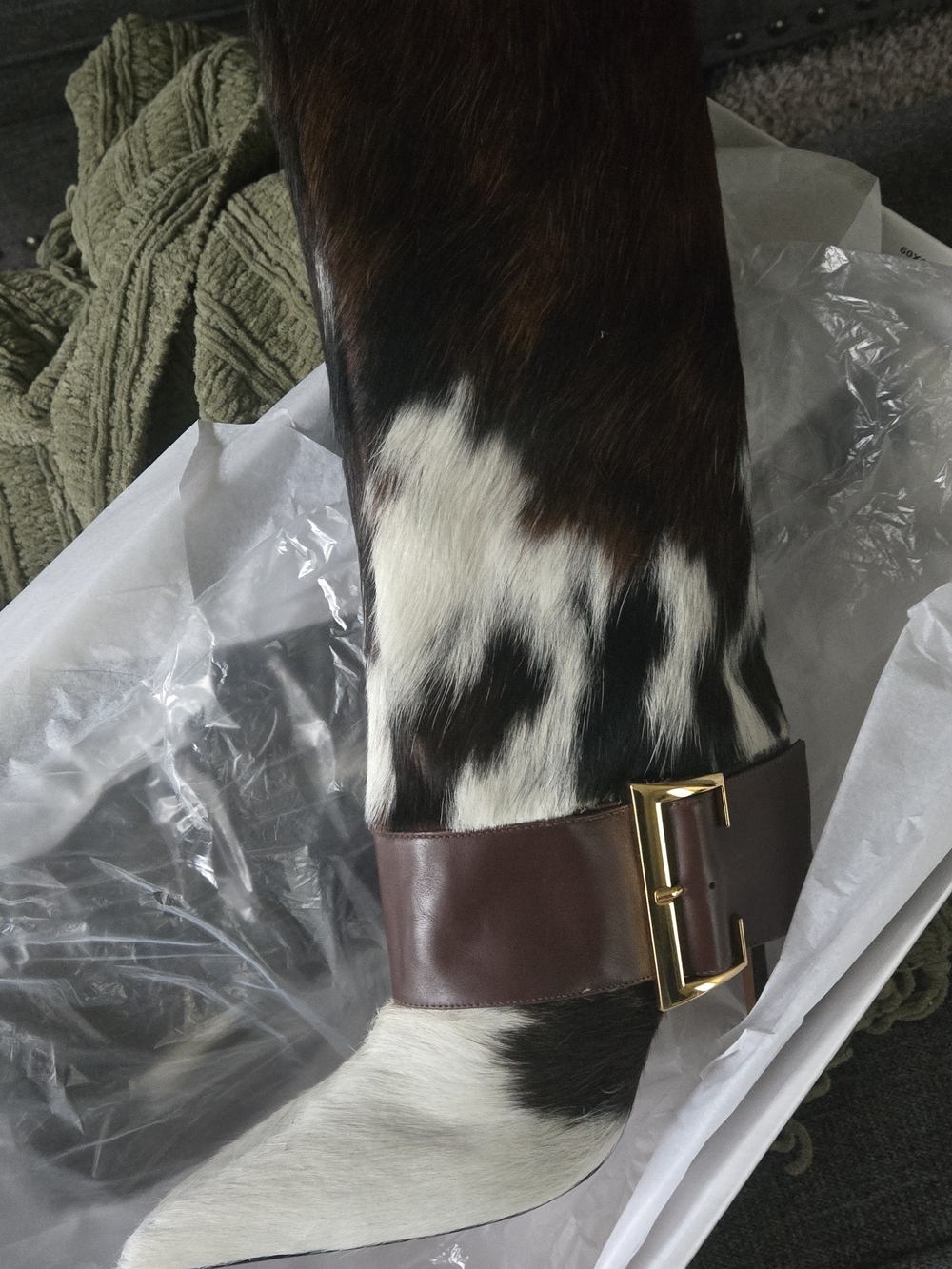 SCHUTZ Brown Leather & Black-and-White Cowhide Heeled Boot with Gold Buckle